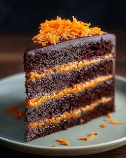 Slice of dark chocolate layer cake with orange carrot filling and shredded carrot garnish on a plate