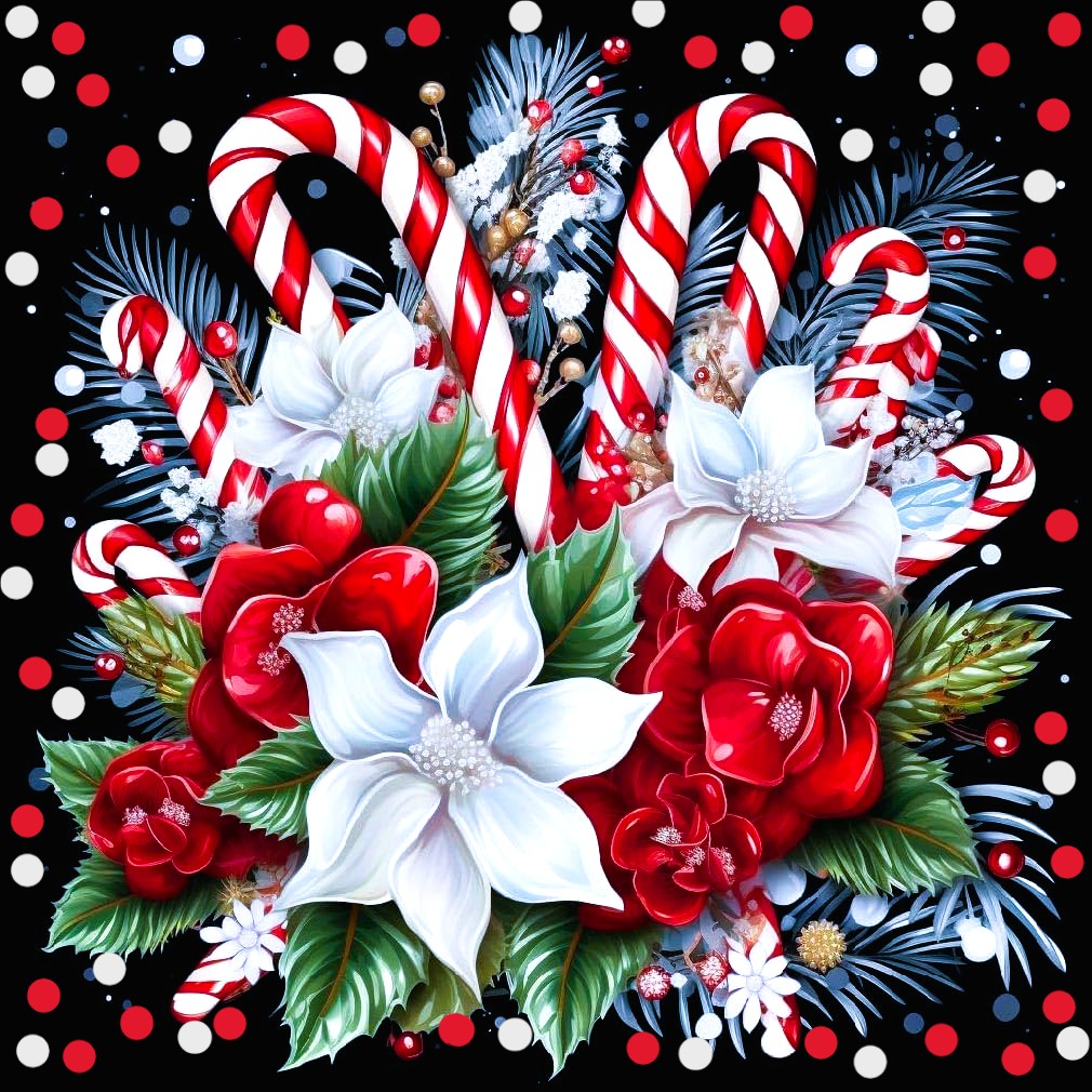 Christmas candy canes with poinsettia flowers and holly leaves on a black dotted background