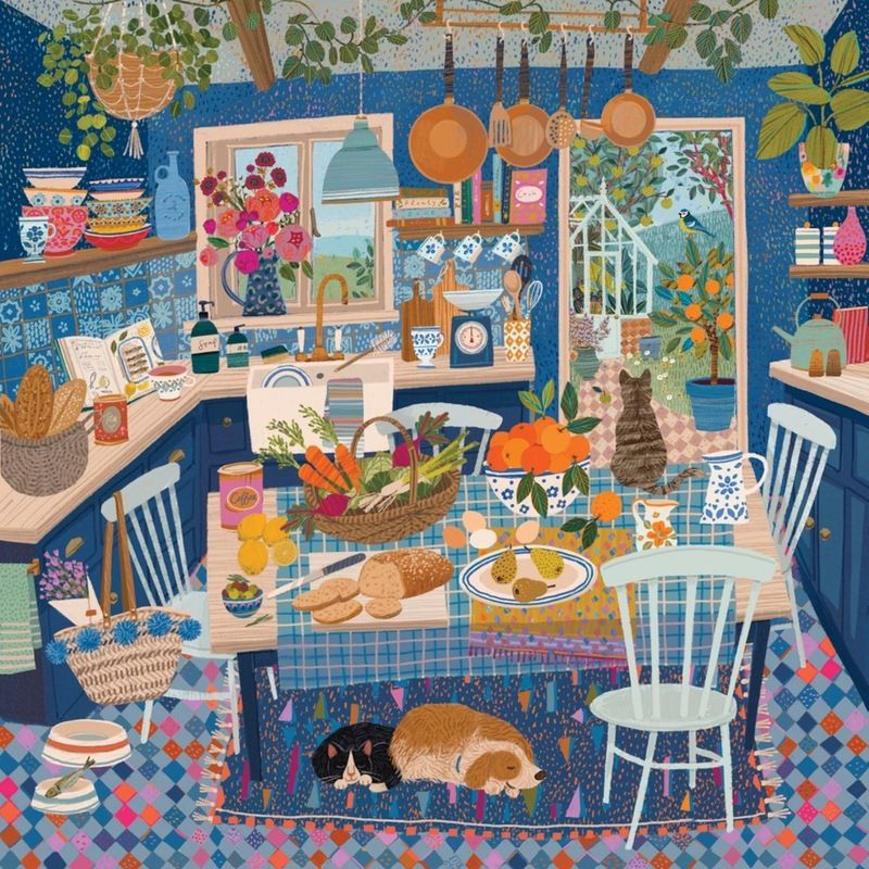 Colorful illustrated kitchen with a table of fruit, blue chairs, hanging pots, and plant-filled windows