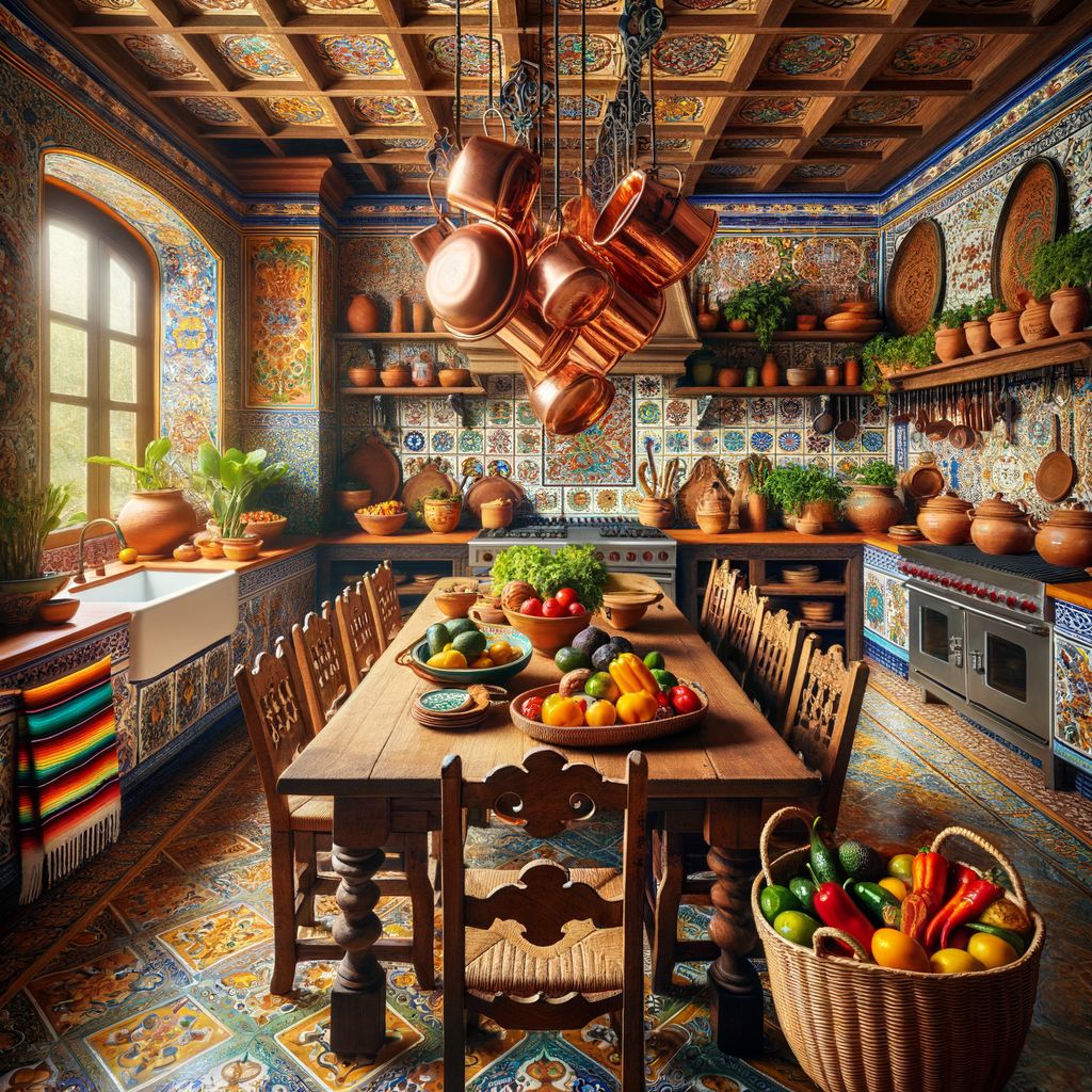 Rustic kitchen with wooden table, copper pots, tiled walls, and baskets of fruit