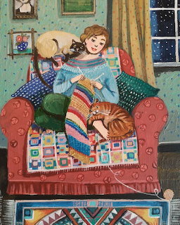 Woman Knitting with Cats
