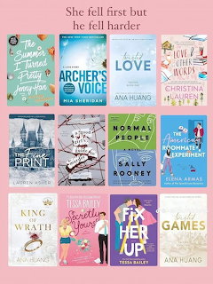 Grid of twelve romance novel book covers arranged in rows on a pink background