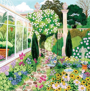 Colorful illustration of garden with greenhouse, flowering trees, diverse flower beds, and stone path