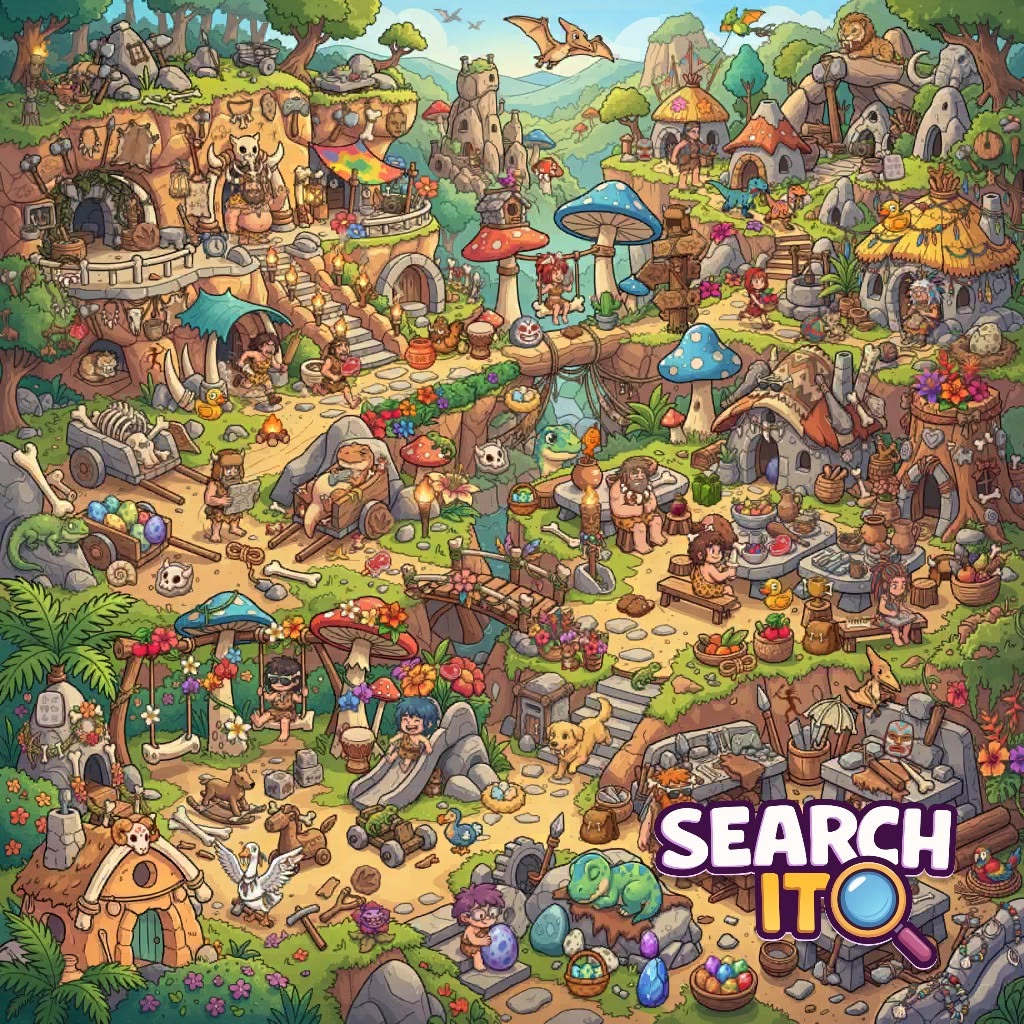 Busy cartoon prehistoric village with dinosaurs, cavemen, stone age huts and many colorful characters