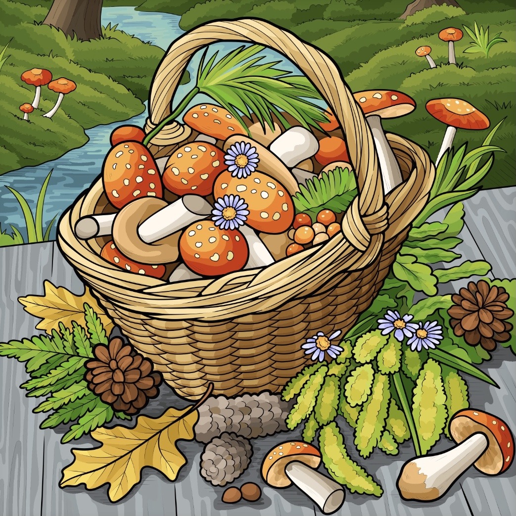 Illustration of a basket of mushrooms with autumn leaves, pinecones, and flowers near a stream