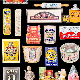 Assorted vintage product labels and packaging from various brands arranged on black background