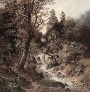 Painting of a forest stream flowing over rocks through trees near a rustic mill