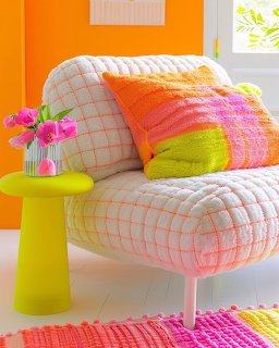 Pastel rainbow striped armchair with colorful pillows, bright yellow table, and orange wall in modern bohemian interior