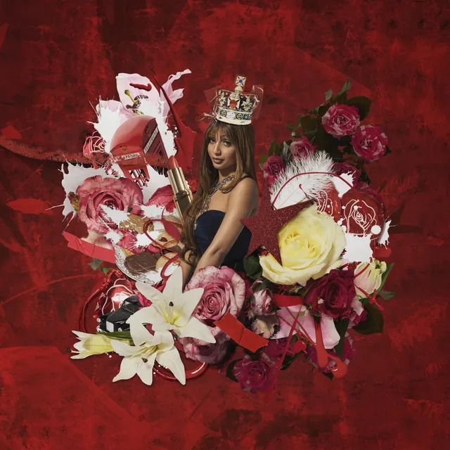 Woman in a strapless dress surrounded by roses, lilies, feathers, and red collage elements