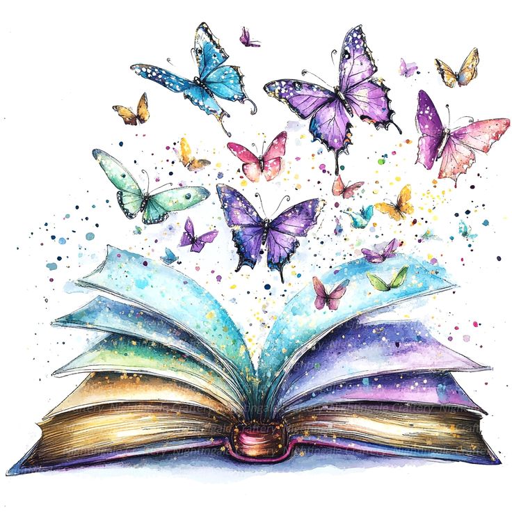 Colorful illustration of an open book with butterflies flying above it