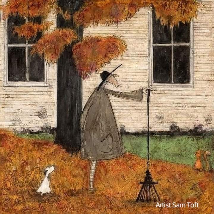 Folk art painting of woman raking orange autumn leaves by white house with rabbit