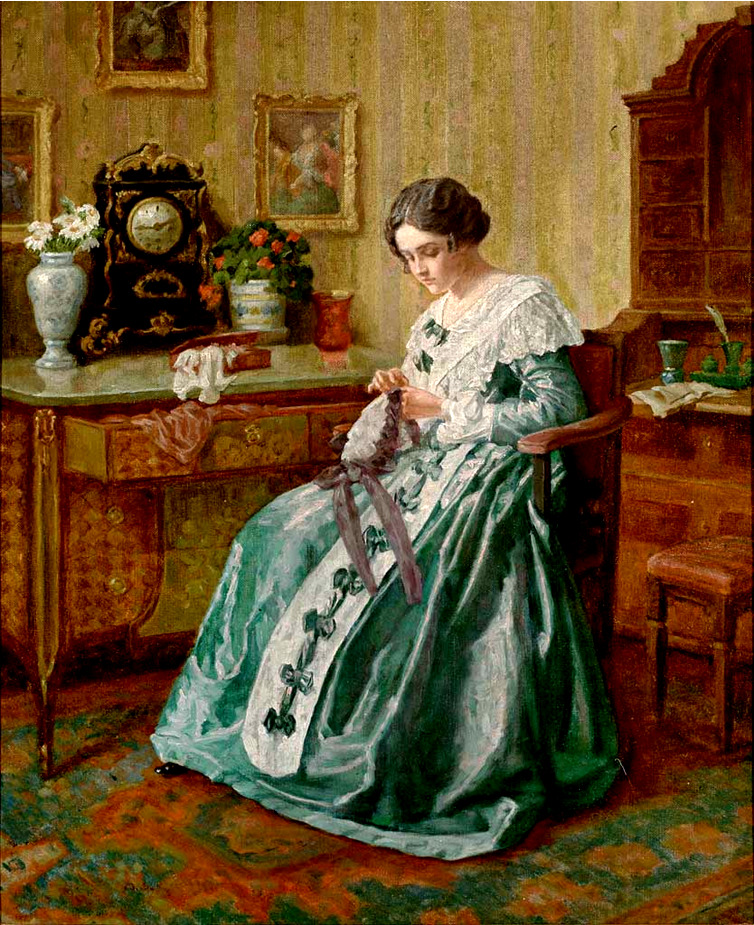 Woman Sewing in Victorian Interior