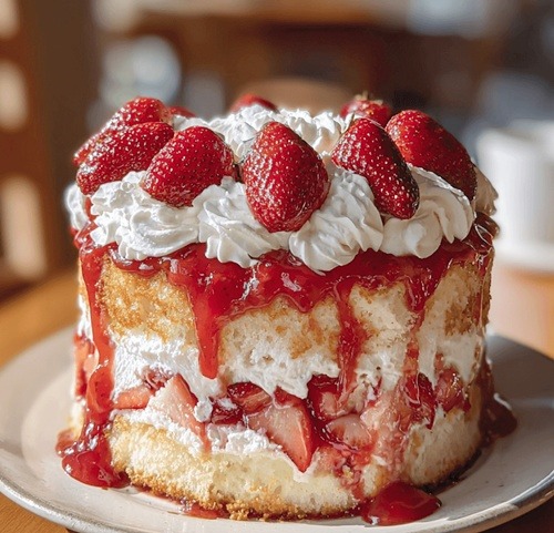 Layer cake with whipped cream, strawberries, and dripping strawberry sauce on a plate