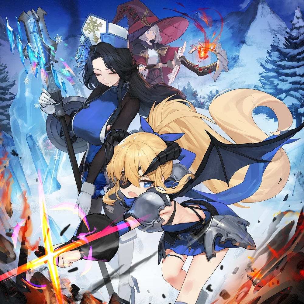 Three anime characters posed dramatically in snowy winter scene with ice crystals and magical fire effects