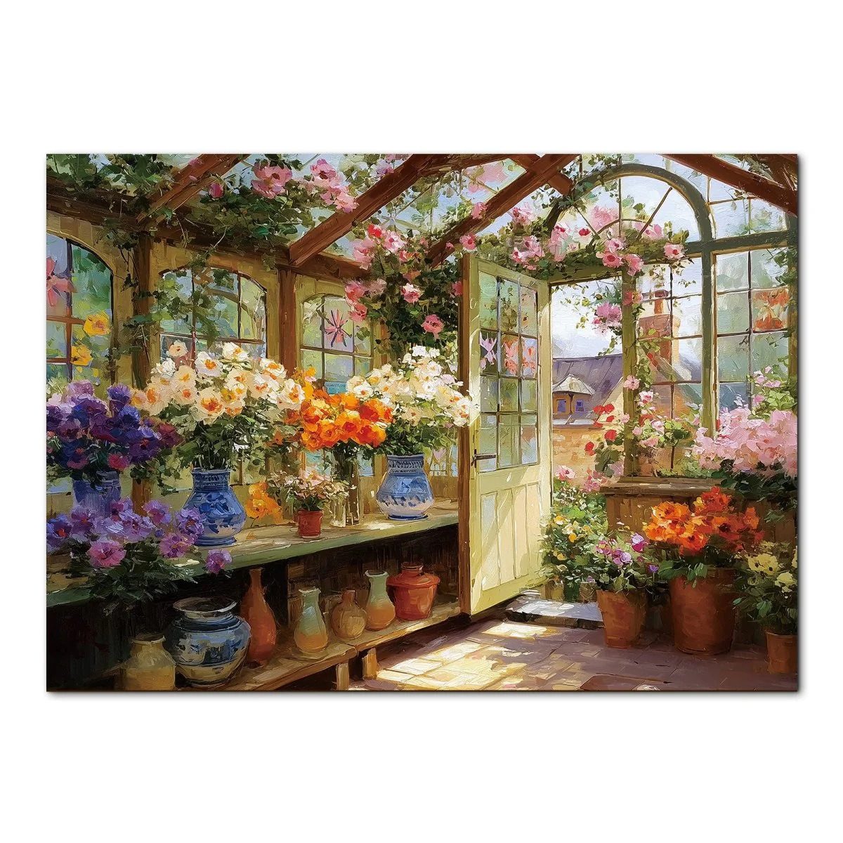 Bright flower shop interior with potted plants, wooden furniture, large windows and floral arrangements