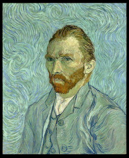 Van Gogh self-portrait painting with swirling blue background, red beard, and blue coat
