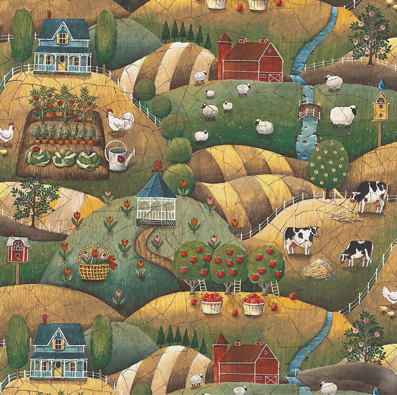 Folk art painting of rural farm landscape with cottages, animals, and rolling hills in stylized patchwork design