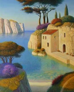 Surreal painting of Mediterranean coastal village with white houses, vibrant trees, and blue sea