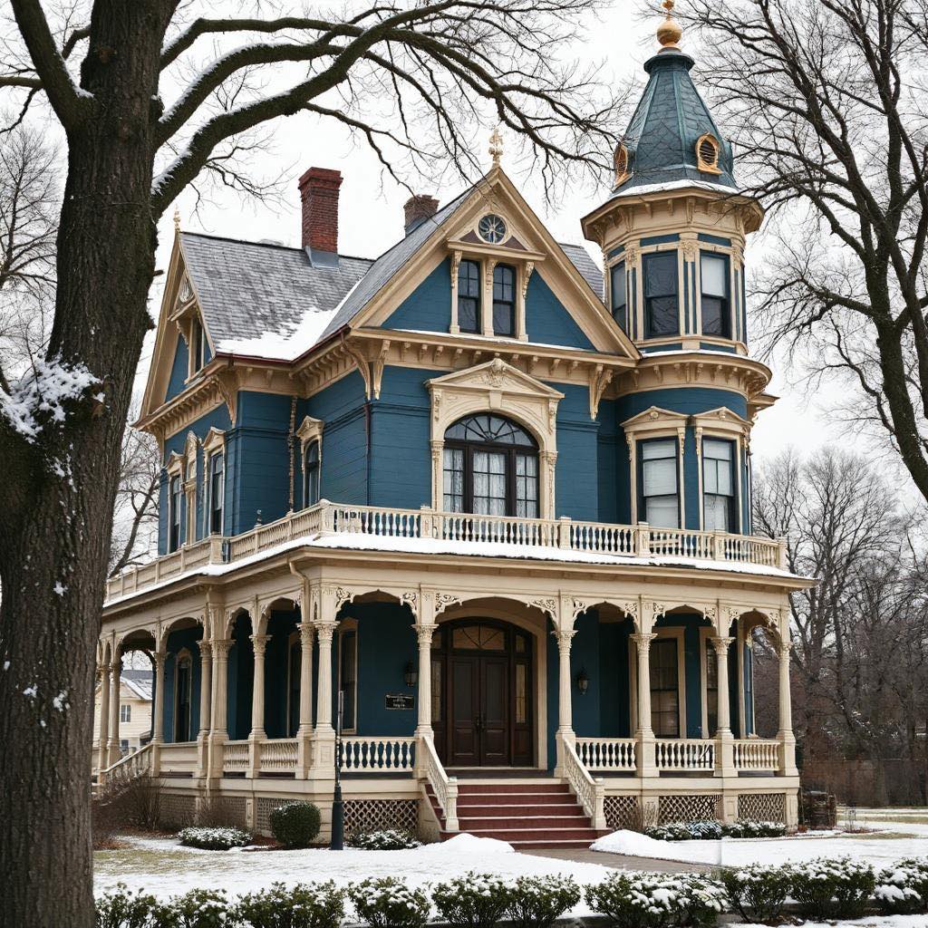 Blue Victorian house with turret and decorative trim in snowy winter setting