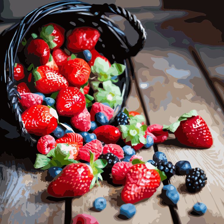 Illustrated basket of mixed berries spilling onto a wooden table