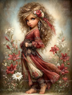 Fantasy illustration of a young girl in a red dress surrounded by red lilies and white flowers