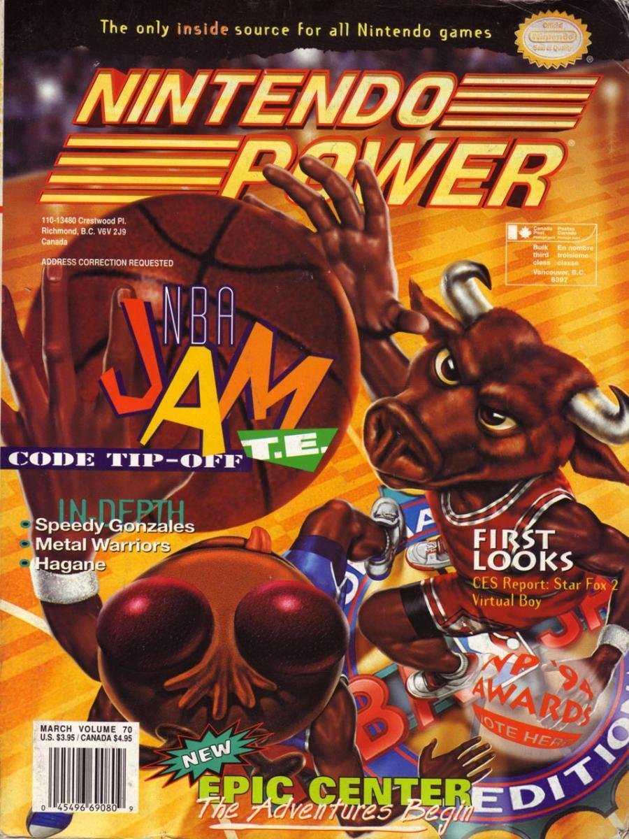 Nintendo Power magazine Issue 70 cover featuring NBA Jam T.E. with a red bull and basketball player