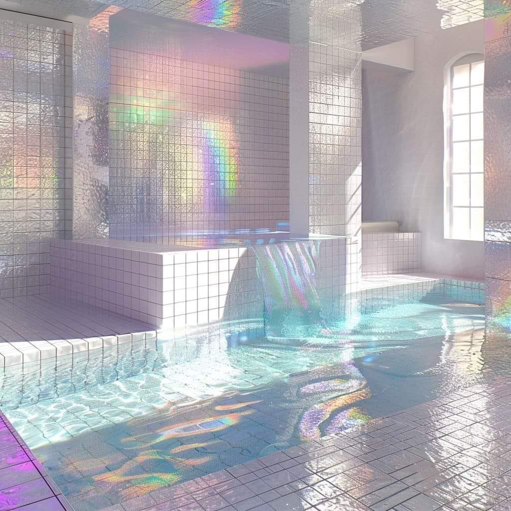 Indoor pool with rainbow holographic light effects and iridescent water reflections in white tiled room