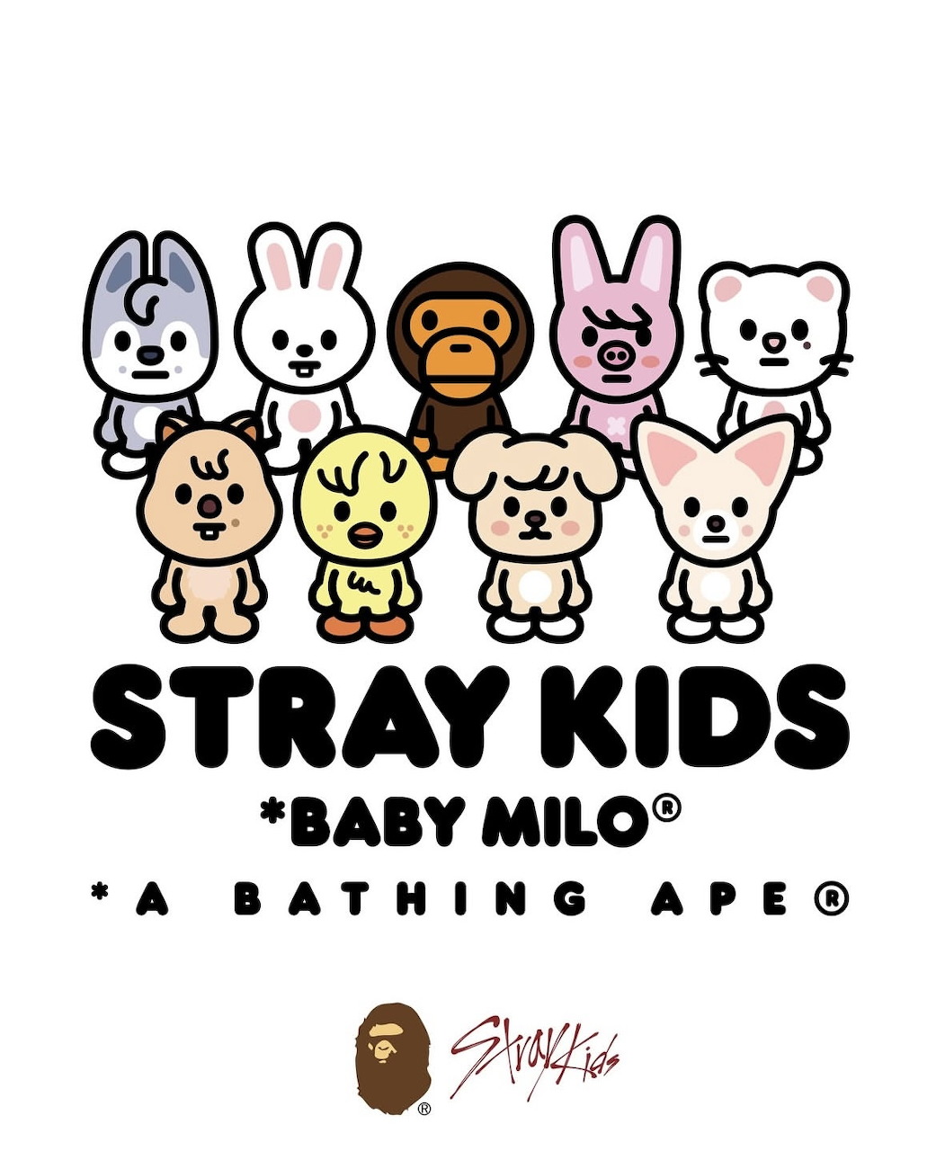 Nine cute animal cartoon characters in pastel colors with Stray Kids and Baby Milo branding below