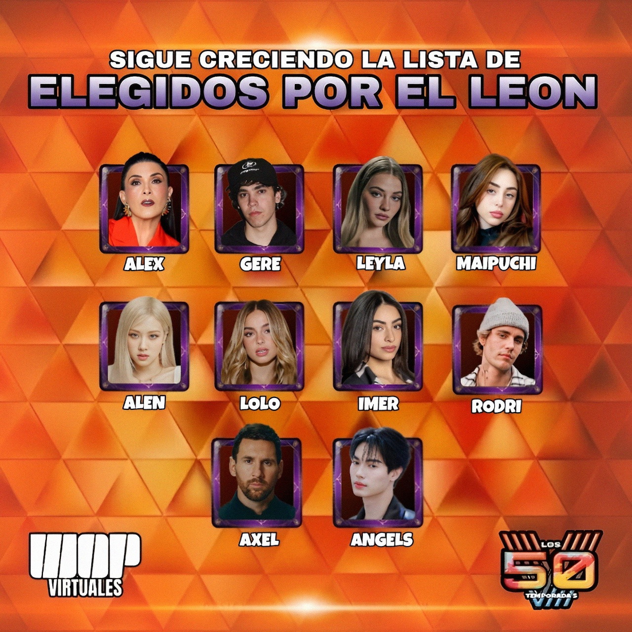 Grid of ten contestant headshots on orange geometric background with Spanish text Elegidos Por El Leon