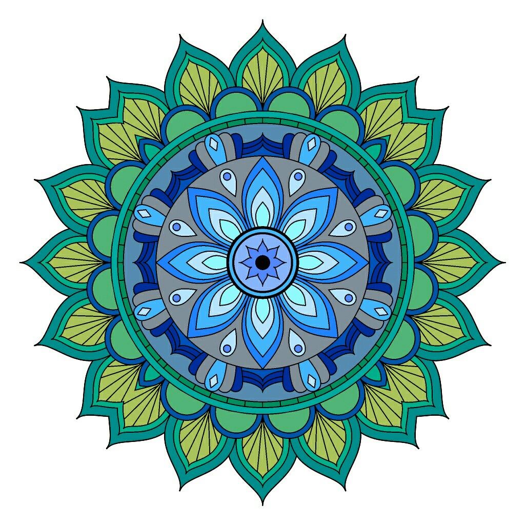 Circular mandala with blue center and green petals in symmetrical pattern