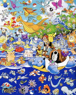 Large collage of Pokemon characters including water, flying, and land types arranged in a busy colorful scene