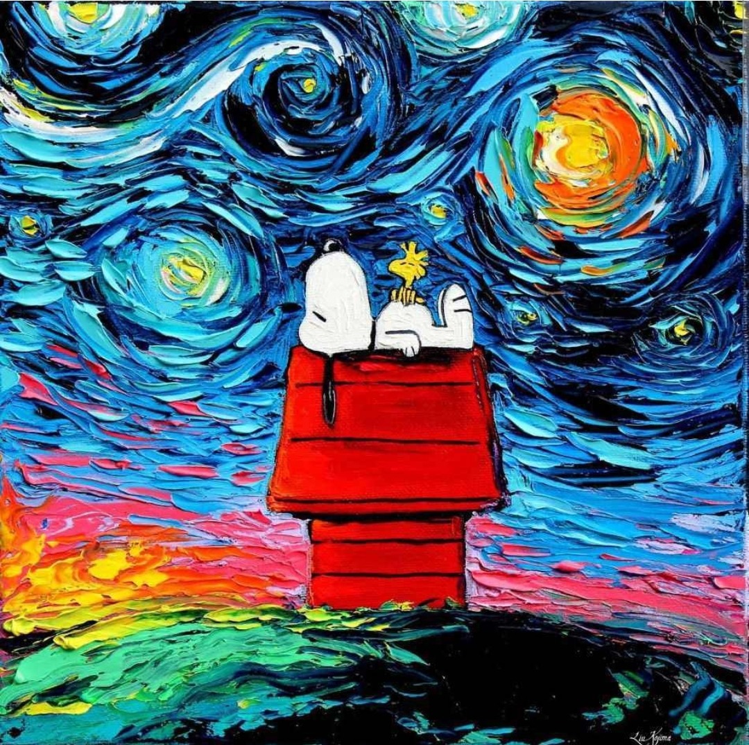 Snoopy sits on red doghouse under swirling starry night sky in Van Gogh style with blue spirals and rainbow horizon