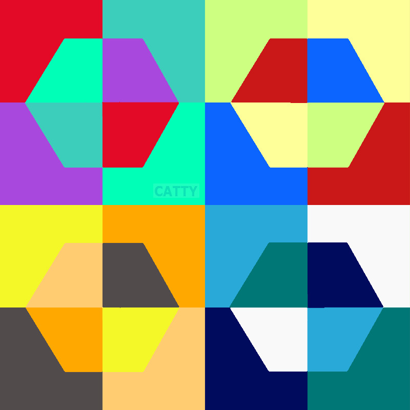 Grid of colorful geometric hexagons in red, blue, yellow, green, purple, orange, and other vibrant hues