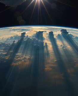 Earth's curved horizon from space with sun rays streaming through clouds and atmosphere