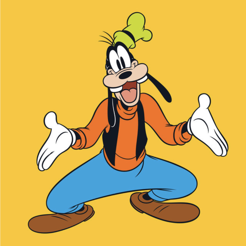 Goofy cartoon character crouching with open arms on a yellow background