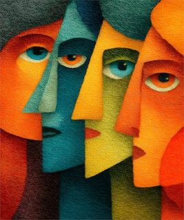 Abstract cubist artwork with overlapping geometric faces in vibrant orange, teal, yellow and green tones
