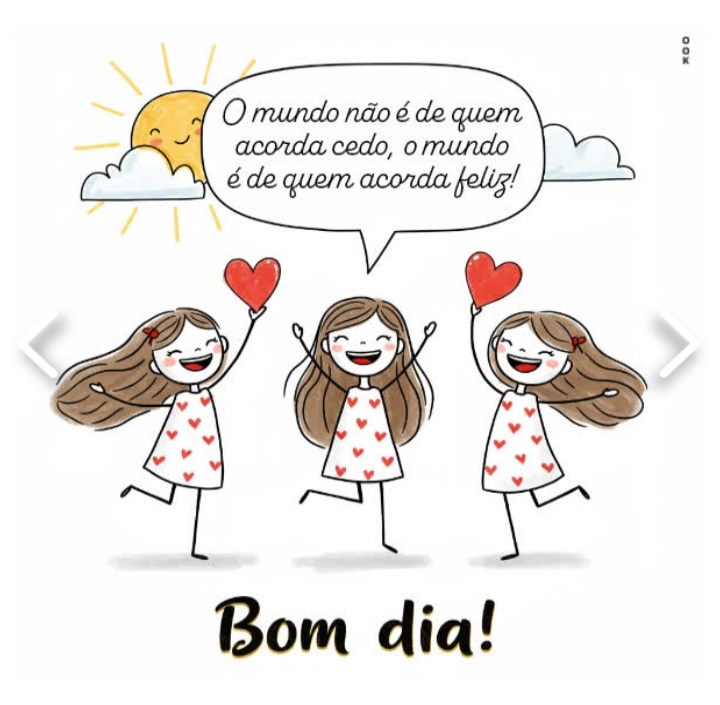 Illustration of three happy girls with hearts, a smiling sun, and the words Bom dia