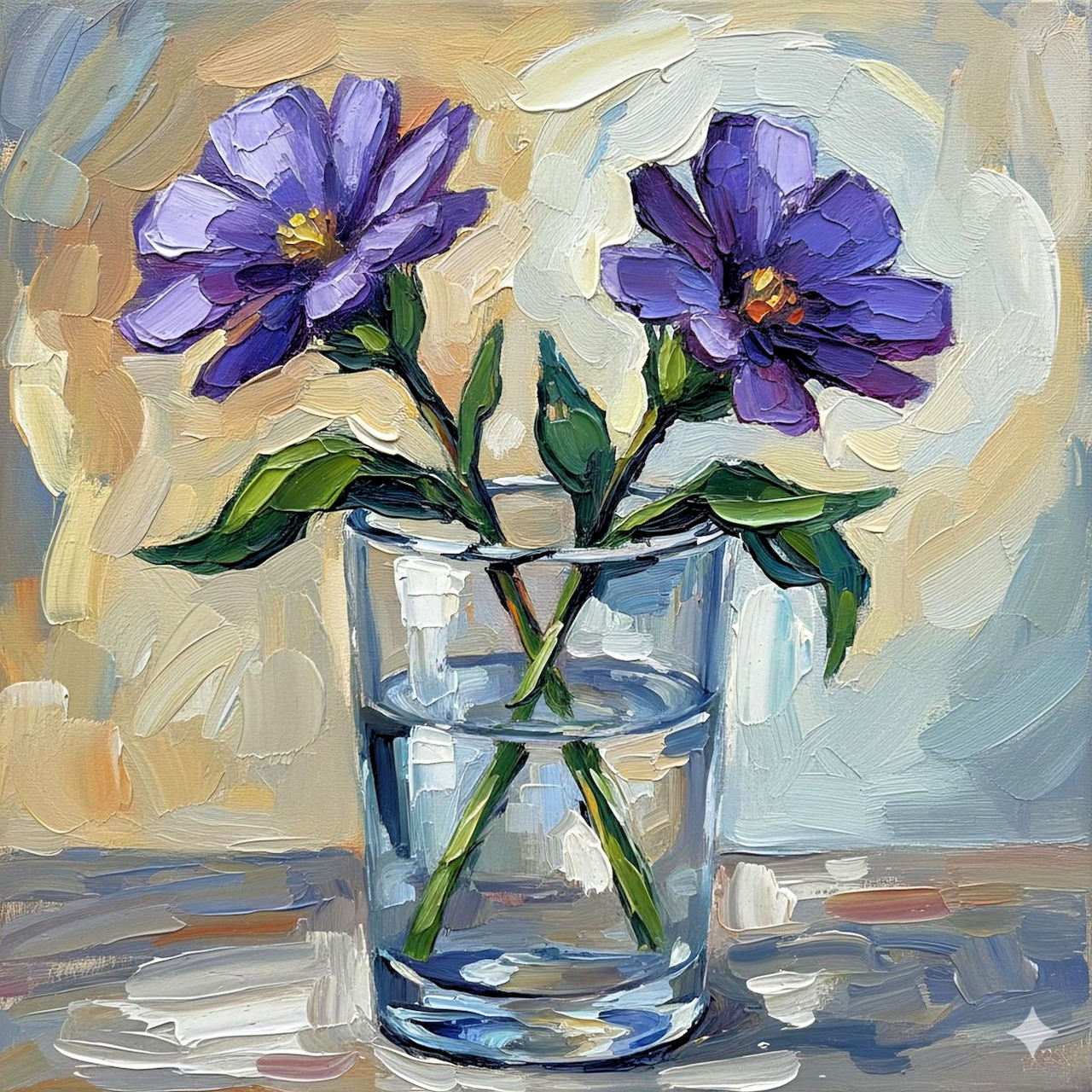 Oil painting of two purple flowers in a glass vase on a table