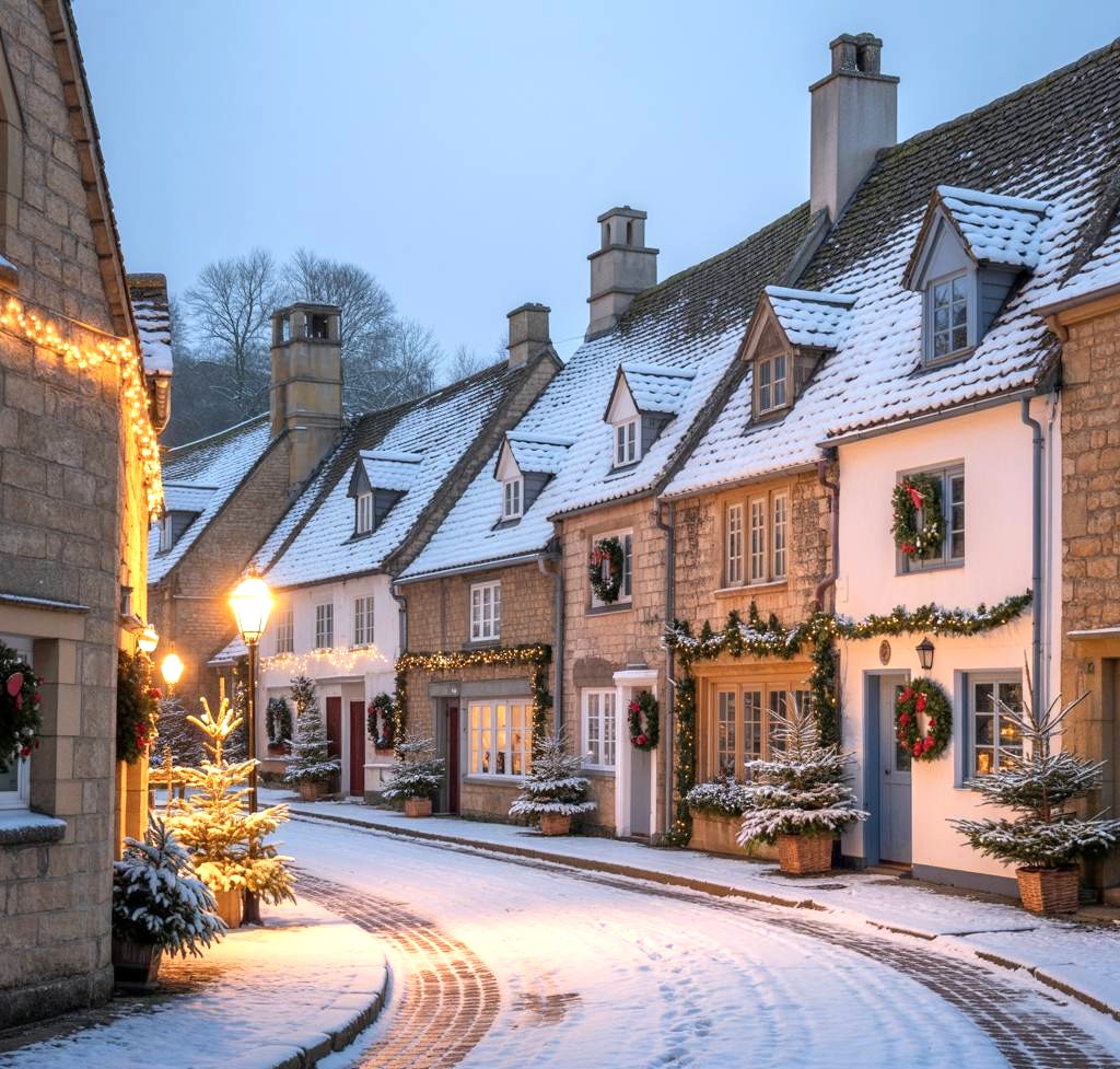 Snowy English village street with stone cottages and Christmas decorations at dusk