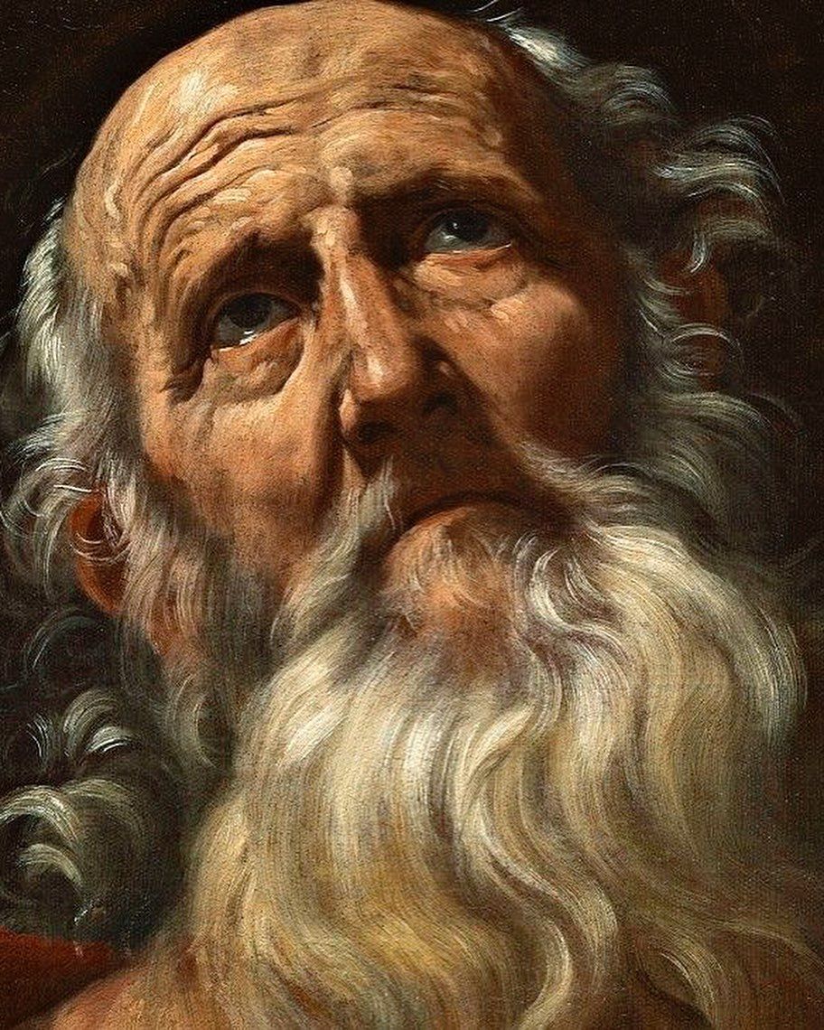 Painting of an elderly man with a long white beard looking upward