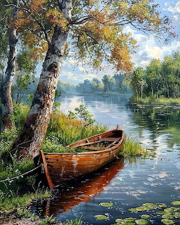 Wooden Boat by River