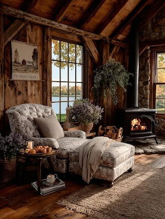 Cozy rustic cabin living room with chaise lounge, fireplace, wooden beams, and large window with lake view