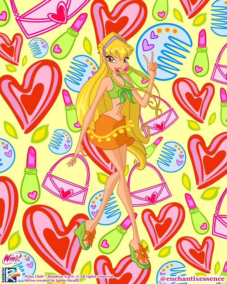 Stella from Winx Club cartoon character in orange outfit surrounded by hearts and beauty accessories