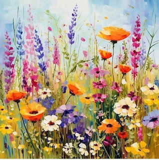 Vibrant painting of a wildflower meadow with orange poppies, purple lupines, yellow and white flowers under blue sky