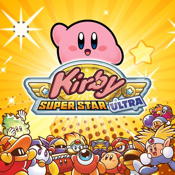 Kirby Super Star Ultra cover art with pink Kirby character and cast on yellow background