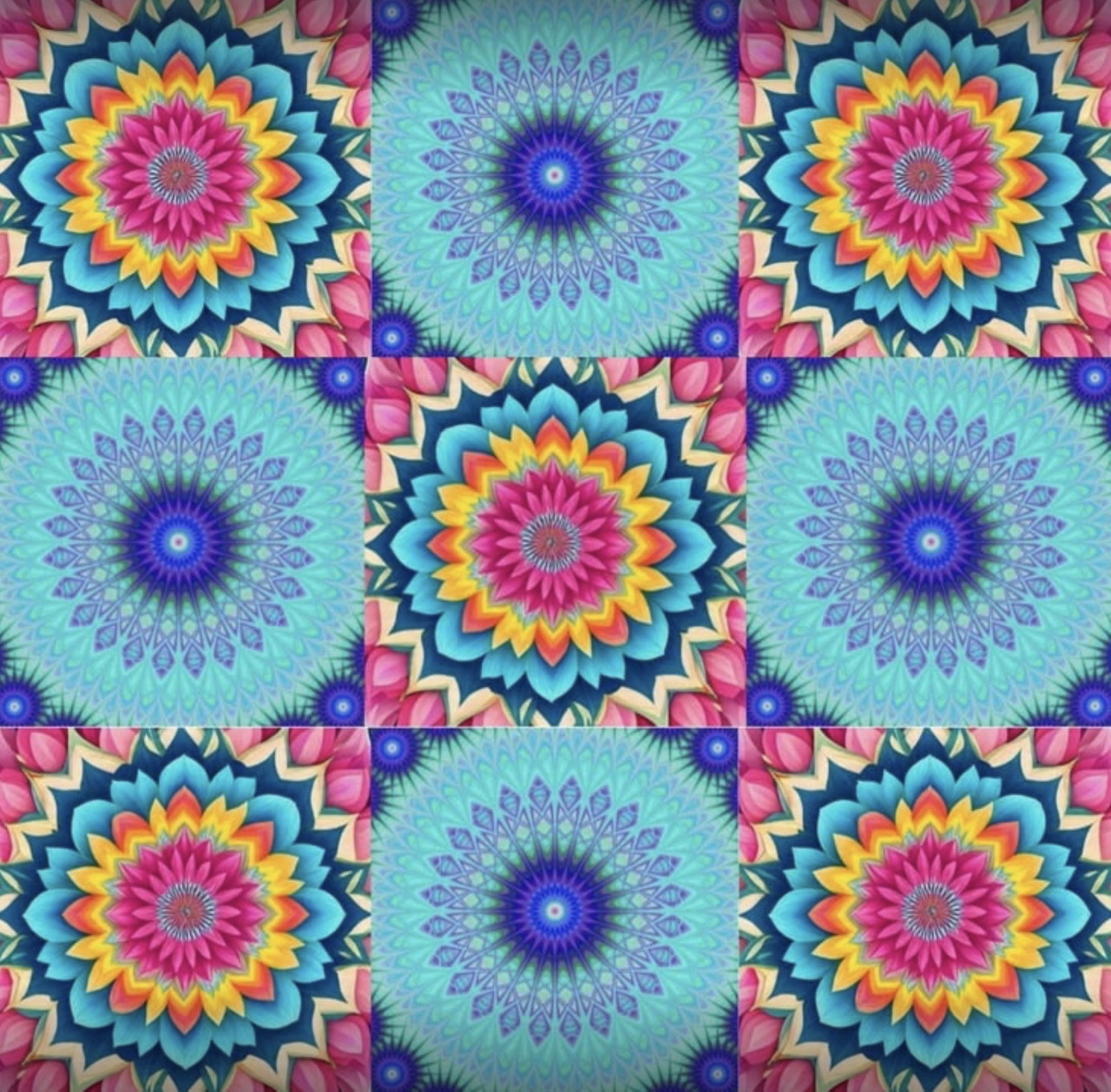 Nine colorful mandala patterns arranged in a 3x3 grid with radiating geometric designs