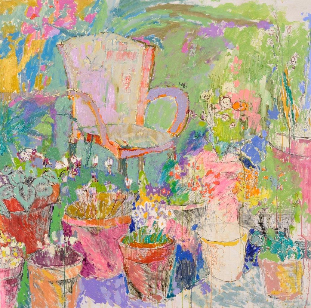Impressionist painting of pink chair among flower pots in garden