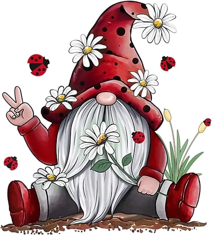 Illustrated gnome with a red ladybug-style hat, daisies, and small ladybugs on a white background
