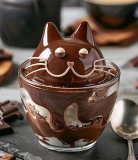 Chocolate dessert in glass with cat-shaped chocolate topper