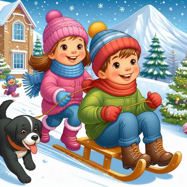Children Sledding in Winter Snow